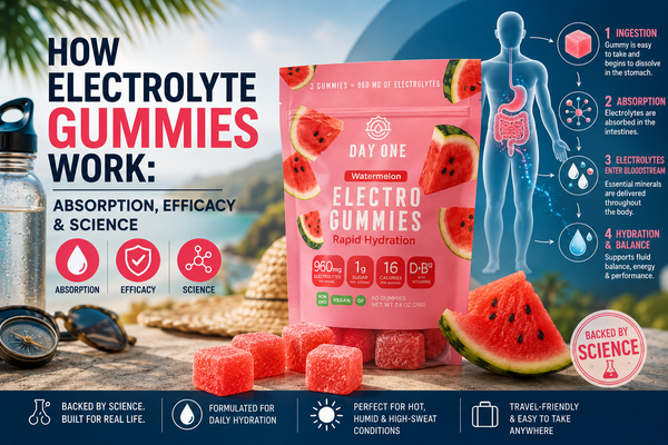 Day One Watermelon ElectroGummies rapid hydration gummies pouch surrounded by fresh watermelon slices, featuring 960mg electrolytes per serving, low sugar hydration support, and convenient electrolyte gummy format.